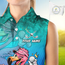 Load image into Gallery viewer, Personalized Flamingo Womens Sleeveless Golf Polo Shirt Custom Name And Team Teal Blue Funny Ocean Tropical Golf Outfit NHT1235