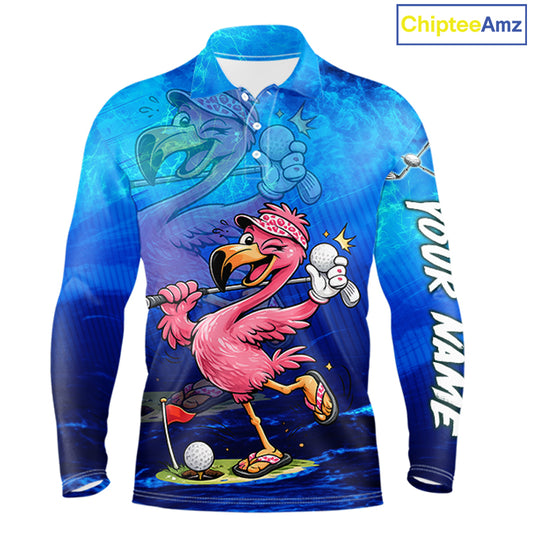 A long-sleeve polo shirt with a vibrant blue water-themed background and a cartoon flamingo golfing graphic on the front. The right sleeve features the customizable text 'YOUR NAME' in white.