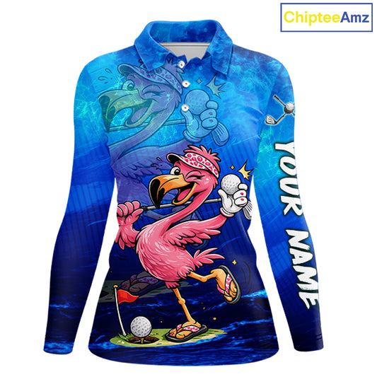 Personalized Flamingo Womens Golf Polo Shirt Custom Name And Team Royal Blue Funny Ocean Tropical Golf Outfit NHT1236
