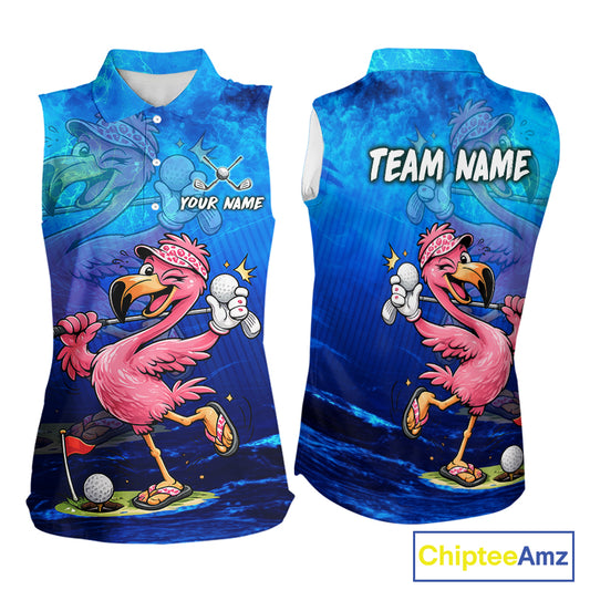 Front and back views of a sleeveless collared shirt with a blue watercolor-style background and a cartoon flamingo playing golf. The front shows 'YOUR NAME' and the back shows 'TEAM NAME' text fields, with a ChipteeAmz logo in the bottom right corner
