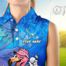 Load image into Gallery viewer, Personalized Flamingo Womens Sleeveless Golf Polo Shirt Custom Name And Team Royal Blue Funny Ocean Tropical Golf Outfit NHT1236