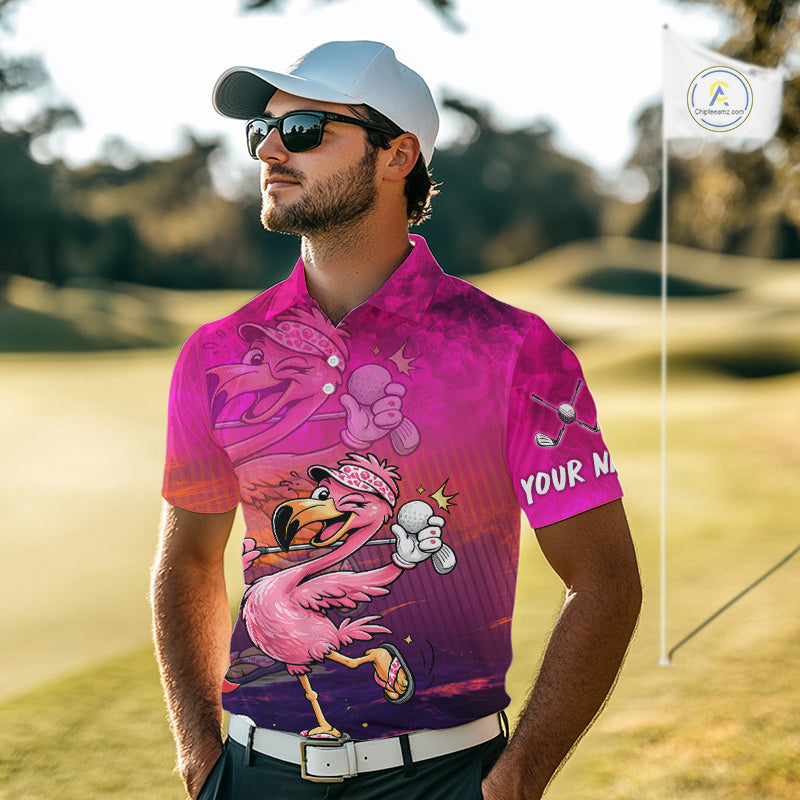Personalized Flamingo Mens Golf Polo Shirt Custom Name And Team Hot Pink Funny Tropical Golf Outfit NHT1237