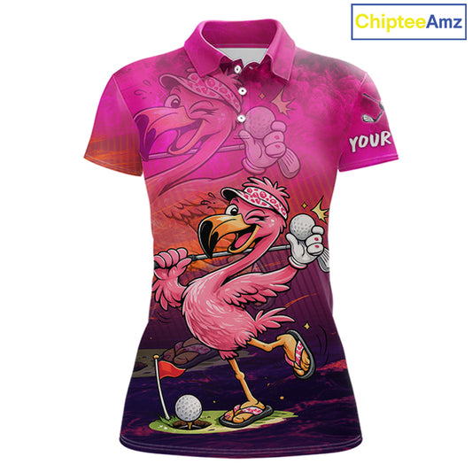 A short-sleeve polo shirt with a vibrant pink and purple gradient design featuring a cartoon flamingo playing golf. The shirt has a custom placeholder print on the sleeve that reads 'YOUR' and a 'ChipteeAmz' brand logo in the top right corner.