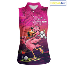 Load image into Gallery viewer, Personalized Flamingo Womens Sleeveless Golf Polo Shirt Custom Name And Team Hot Pink Funny Tropical Golf Outfit NHT1237