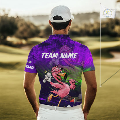 Personalized Flamingo Mens Golf Polo Shirt Custom Name And Team Purple Funny Tropical Golf Outfit NHT1238