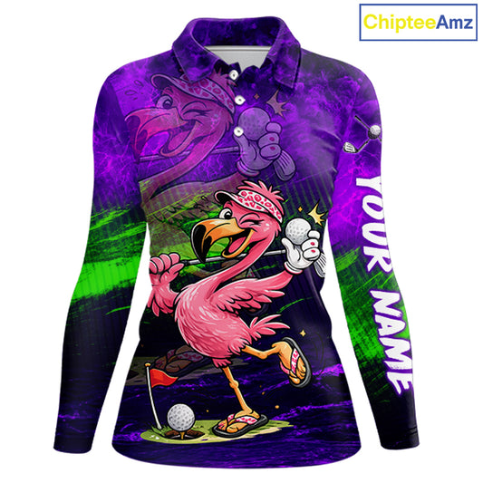 Personalized Flamingo Womens Golf Polo Shirt Custom Name And Team Purple Funny Tropical Golf Outfit NHT1238
