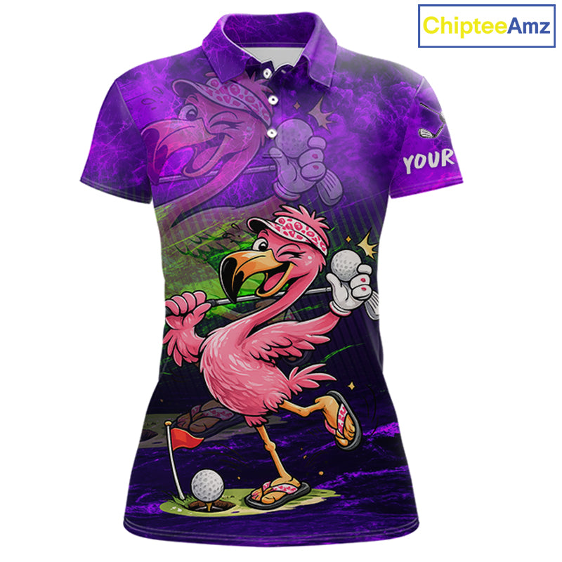 Personalized Flamingo Womens Golf Polo Shirt Custom Name And Team Purple Funny Tropical Golf Outfit NHT1238