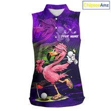 Load image into Gallery viewer, Personalized Flamingo Womens Sleeveless Golf Polo Shirt Custom Name And Team Purple Funny Tropical Golf Outfit NHT1238