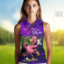 Load image into Gallery viewer, Personalized Flamingo Womens Sleeveless Golf Polo Shirt Custom Name And Team Purple Funny Tropical Golf Outfit NHT1238