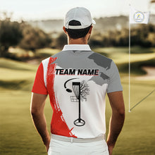 Load image into Gallery viewer, Mens Disc Golf Polo Shirt Custom Name White And Red Disc Golf Basket Golf Shirts Personalized NHN0048