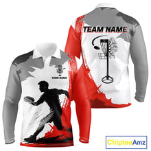 Load image into Gallery viewer, Mens Long Sleeve Disc Golf Polo Shirt Custom White And Red Disc Golf Basket Golf Shirts Personalized NHN0048