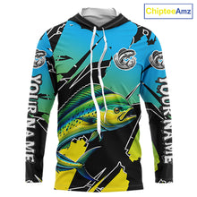 Load image into Gallery viewer, Personalized Mahi Mahi Fishing Shirts Long Sleeve Custom Team Name, Hooded Fishing Jersey For Men NHT479