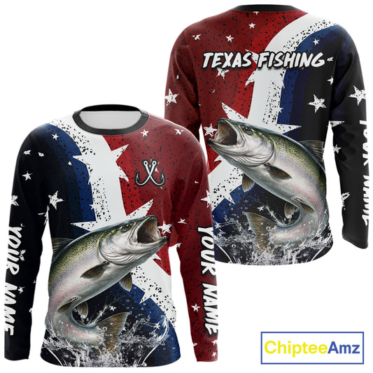Personalized Texas Flag Chinook Salmon Fishing Shirt Jerseys, Texas Chinook Salmon Fishing Shirts Long Sleeve For Men NHT761