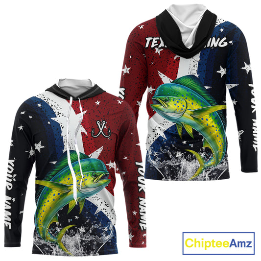 Personalized Texas Flag Mahi Mahi Fishing Shirt Jerseys, Texas Dorado Fishing Shirts Long Sleeve Hooded For Men NHT762