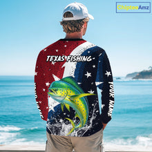 Load image into Gallery viewer, Personalized Texas Flag Mahi Mahi Fishing Shirt Jerseys, Texas Dorado Fishing Shirts Long Sleeve For Men NHT762