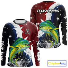 Load image into Gallery viewer, Personalized Texas Flag Mahi Mahi Fishing Shirt Jerseys, Texas Dorado Fishing Shirts Long Sleeve For Men NHT762