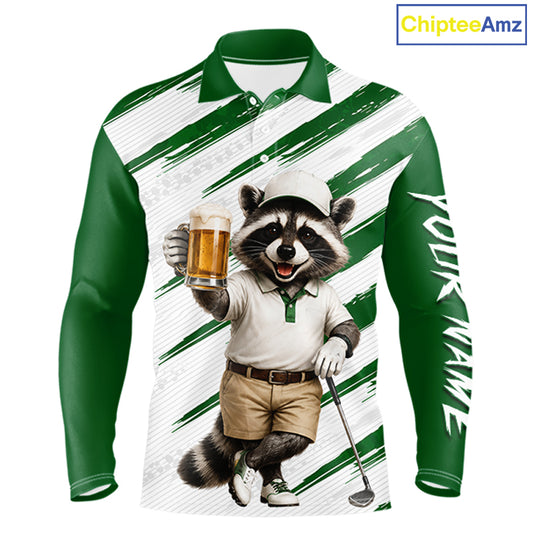 Custom Funny Beer Raccoon Golf Jersey For Mens, Mens Golf Polo Shirt Black Beige Golf Jersey NHT936