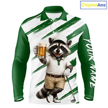 Load image into Gallery viewer, Custom Funny Beer Raccoon Golf Jersey For Mens, Mens Golf Polo Shirt Black Beige Golf Jersey NHT936
