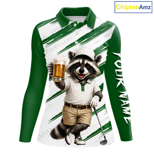 Custom Funny Beer Raccoon Golf Jersey For Womens, Womens Golf Polo Shirt Black Beige Golf Tournament NHT936