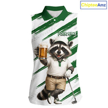 Load image into Gallery viewer, Custom Funny Beer Raccoon Golf Jersey For Womens, Womens Sleeveless Golf Polo Shirt Black Beige Golf Jersey NHT936