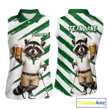 Load image into Gallery viewer, Custom Funny Beer Raccoon Golf Jersey For Womens, Womens Sleeveless Golf Polo Shirt Black Beige Golf Jersey NHT936