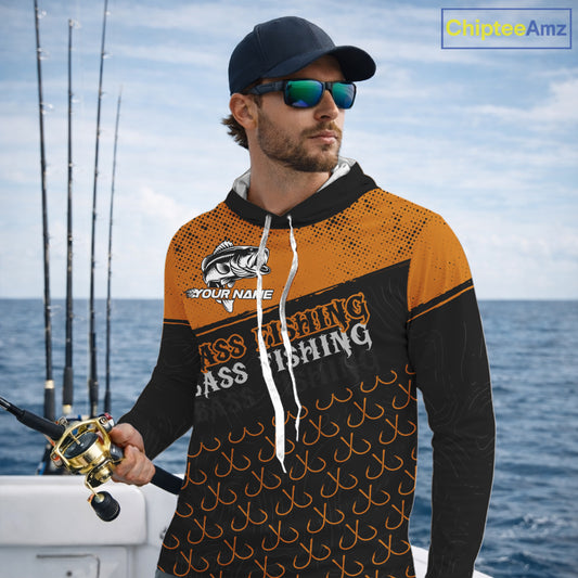 Personalized Largemouth Bass Fishing Jerseys, Orange Bass Hooded Fishing Shirts Long Sleeve Tournament Shirts NHT567