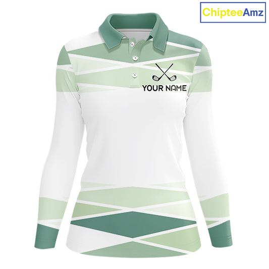 Personalized White Green Geometric Golf Polo Shirt  Custom Team Name