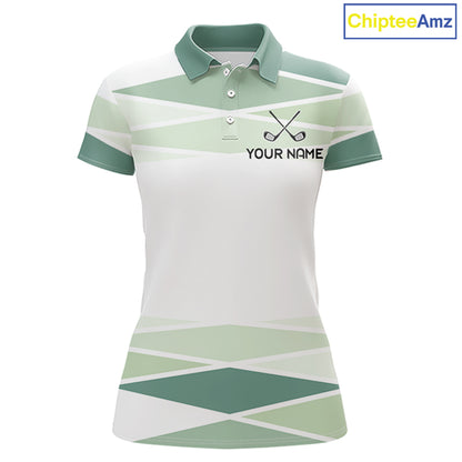 Personalized White Green Geometric Golf Polo Shirt  Custom Team Name