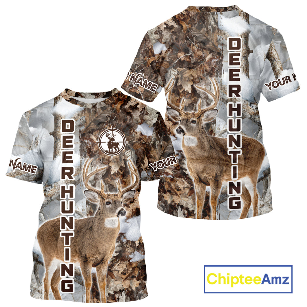 Best Deer Hunting Shirt With Whitetail Deer Winter Camo, Custom Name Deer Hunting Clothes NHT245