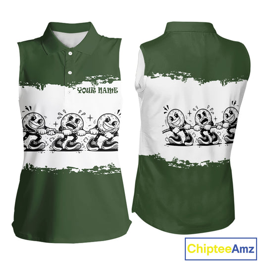 Funny Sleeveless Womens Golf Polo Shirt Green And White Golf Balls Personalized Golf Shirts For Womens NHT787