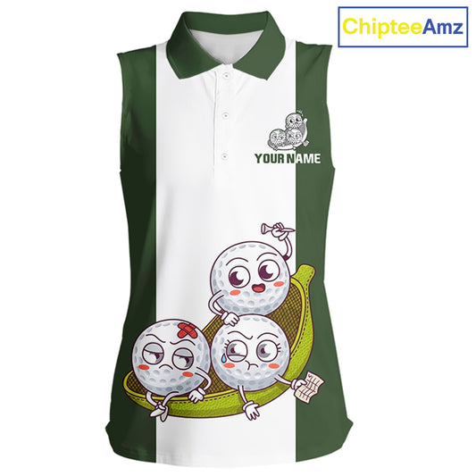 Custom Green White Sleeveless Womens Golf Team Polo Shirt, Funny Golf Ball Family Design, Matching Team Outfit NHT789
