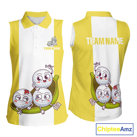 Custom Yellow White Sleeveless Womens Golf Team Polo Shirt, Funny Golf Ball Family Design, Matching Team Outfit NHT790