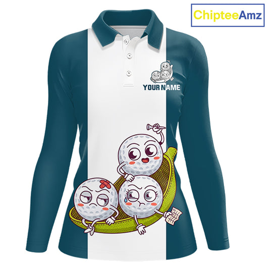 Custom Blue Teal White Womens Golf Team Polo Shirt, Funny Golf Ball Family Design, Matching Team Outfit NHT791