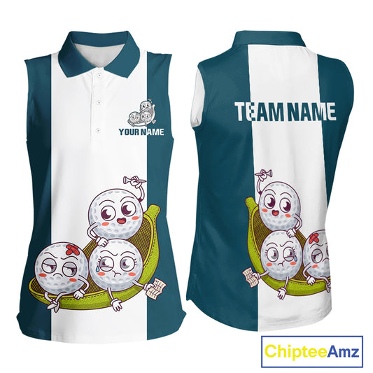 Custom Blue Teal White Sleeveless Womens Golf Team Polo Shirt, Funny Golf Ball Family Design, Matching Team Outfit NHT791