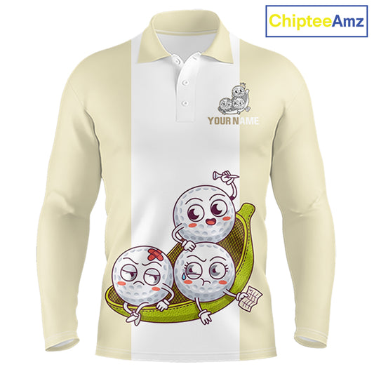 Mens Custom Beige White Golf Team Polo Shirt, Funny Golf Ball Family Design, Matching Team Outfit NHT792