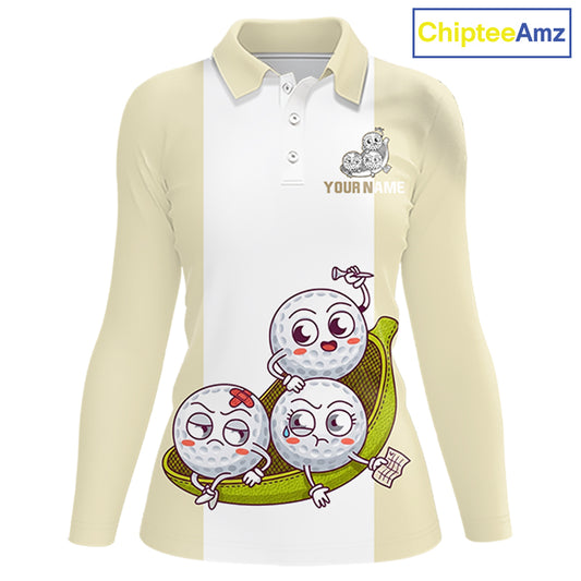 Custom Beige White Womens Golf Team Polo Shirt, Funny Golf Ball Family Design, Matching Team Outfit NHT792