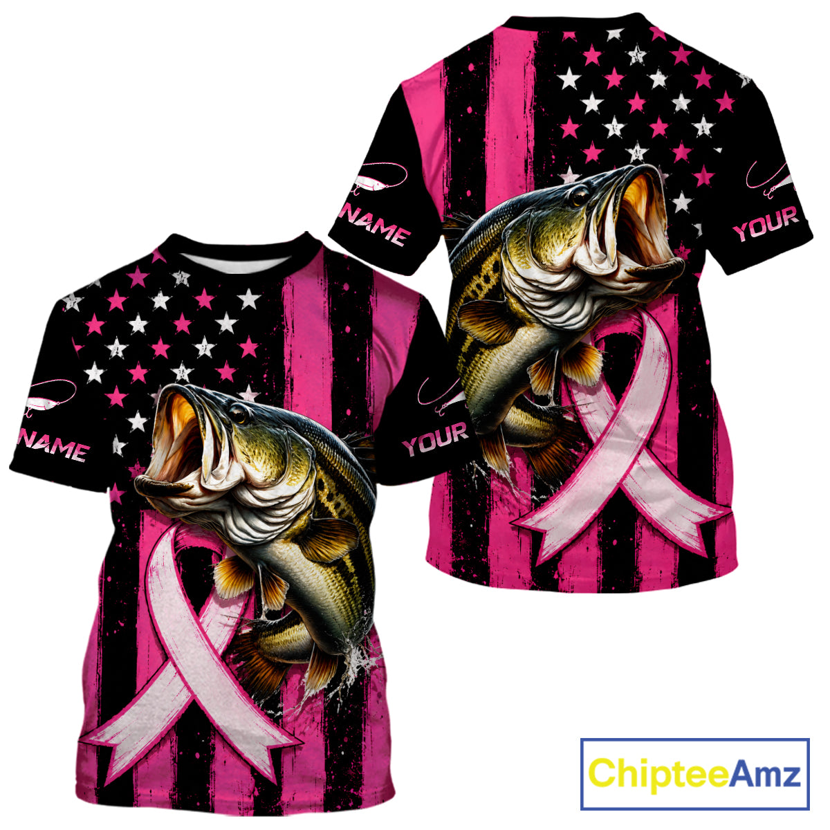 Front and back views of a short-sleeve graphic T-shirt on a white background. The shirt features a large realistic bass fish, a pink ribbon, and a black-and-pink distressed American flag design with white stars.