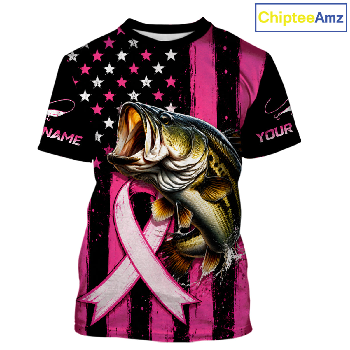 A short-sleeve graphic t-shirt featuring a large bass fish jumping over a pink awareness ribbon, set against a distressed pink and black American flag background with customizable text placeholders on the sleeves.
