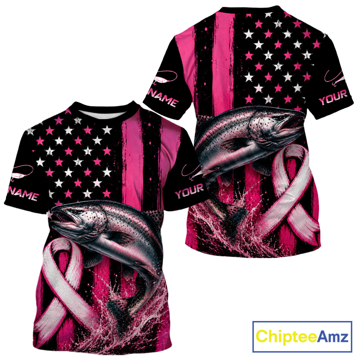 Front and back views of a short-sleeve t-shirt featuring a pink and black patriotic design with stars, stripes, a large rainbow trout graphic, and pink awareness ribbons. The shirt includes customizable text placeholders like 'NAME' and 'YOUR'.
