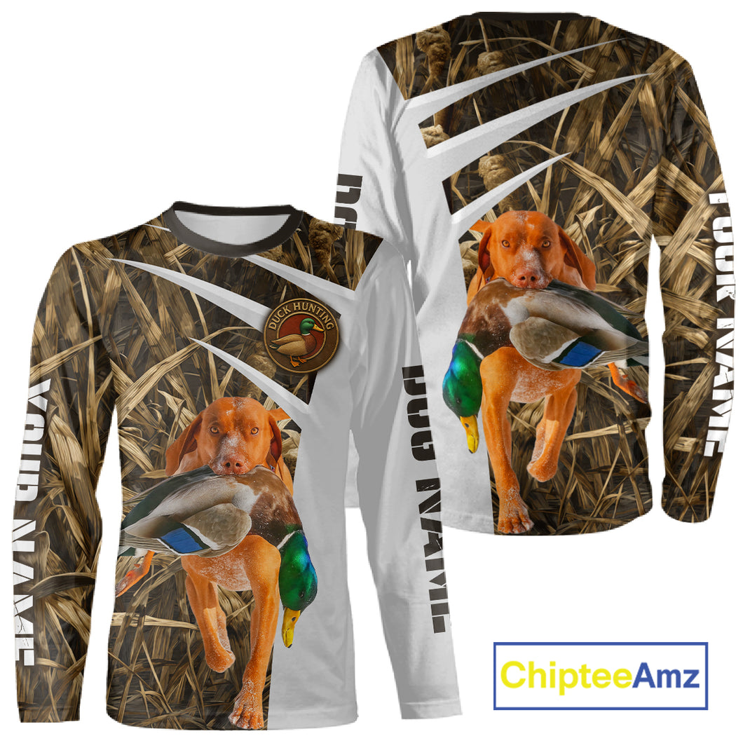 Mallard Duck Hunting Shirt Custom Name with Vizsla Dog Camo Hunting Clothes, Hunting Shirts NHT152