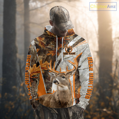 Whitetail Deer Hunting 3D All-Over Print Shirt with Deer Buck, Orange Camo for Deer Hunters NHT249