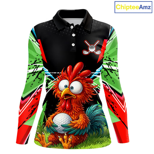 Personalized Crazy Rooster Golf Polo Shirt  Green Abstract Geometric Golf Apparel for Womens