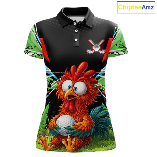 Personalized Crazy Rooster Golf Polo Shirt  Green Abstract Geometric Golf Apparel for Womens
