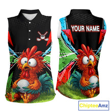 Load image into Gallery viewer, Personalized Crazy Rooster Womens Sleeveless Golf Polo Shirt  Green Abstract Geometric Golf Apparel for Womens