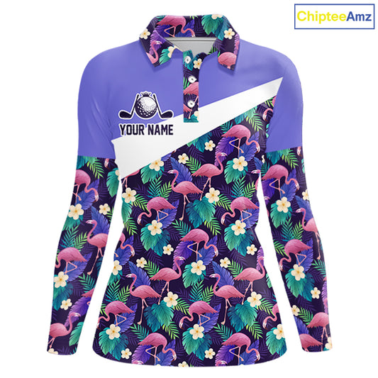 Purple Flamingo Tropical Pattern Womens Golf Polo Shirt Custom Golf Shirts For Golfer NHT584