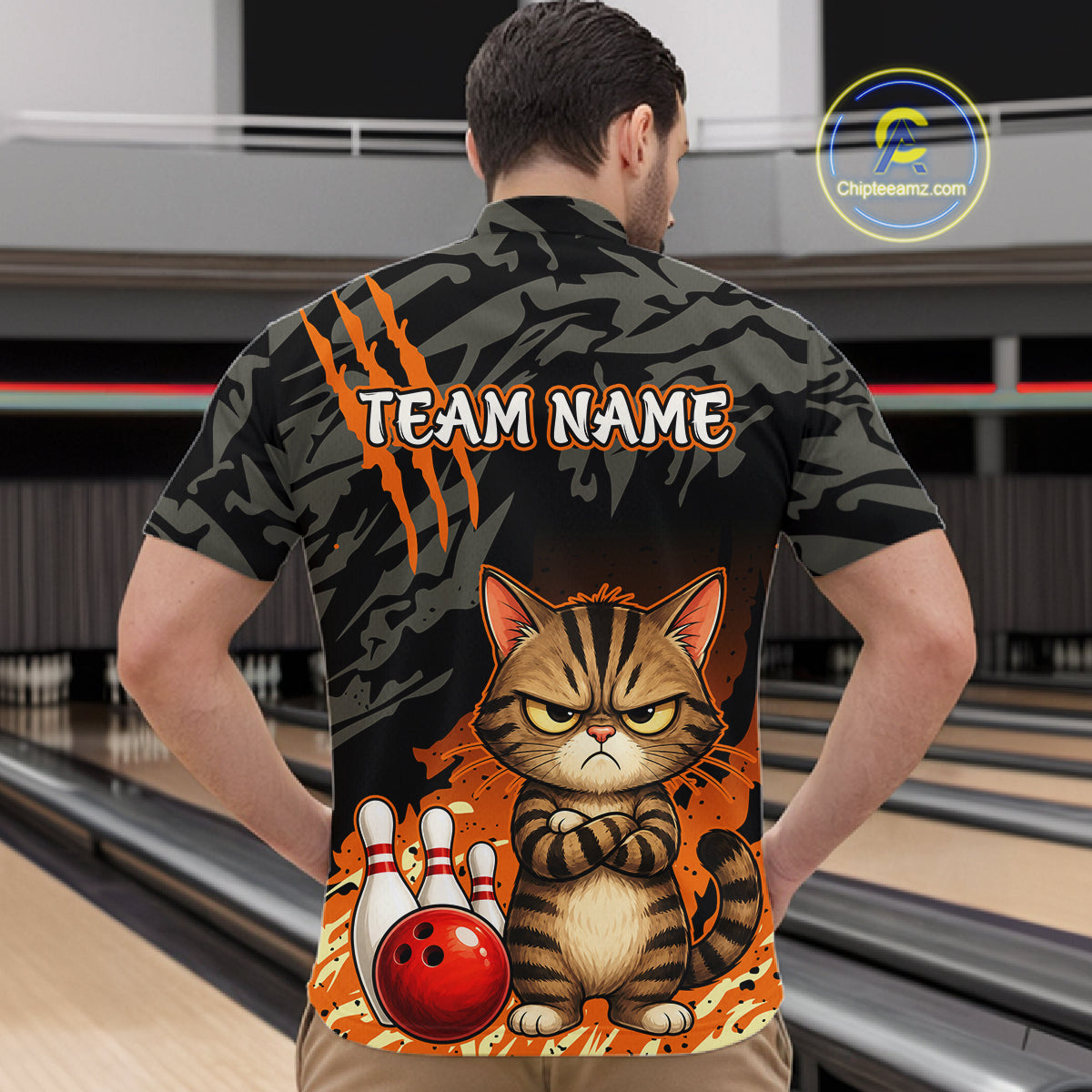 Funny Cat Bowling Shirt Custom Name Black Camo Orange Personalized Team Jersey For Men NHT1265