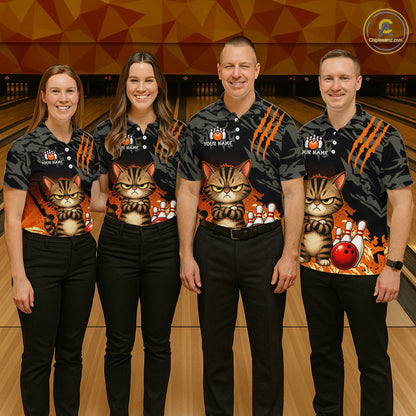 Funny Cat Bowling Shirt Custom Name Black Camo Orange Personalized Team Jersey For Women NHT1265