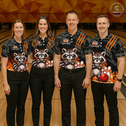 Funny Raccoon Bowling Shirt Custom Name Black Camo Orange Personalized Team Jersey For Women NHT1267