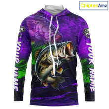 Load image into Gallery viewer, Custom Name Purple Lime Bass Fishing Jersey - Personalized 3D Long Sleeve Hooded Fishing Shirt For Men