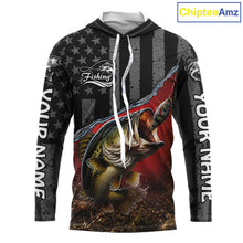 Load image into Gallery viewer, Gray Red Bass Custom Long Sleeve Hooded Fishing Shirts, Bass Fishing Jerseys